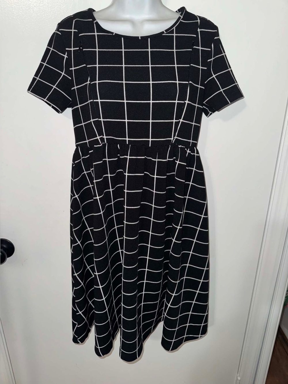Black Windowpane Short-Sleeve Fit & Flare Dress